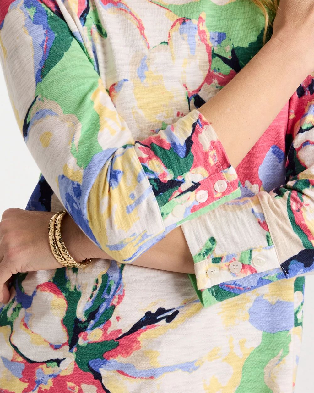 Printed Cotton Slub 3/4 Sleeve Button Tee click to view larger image.