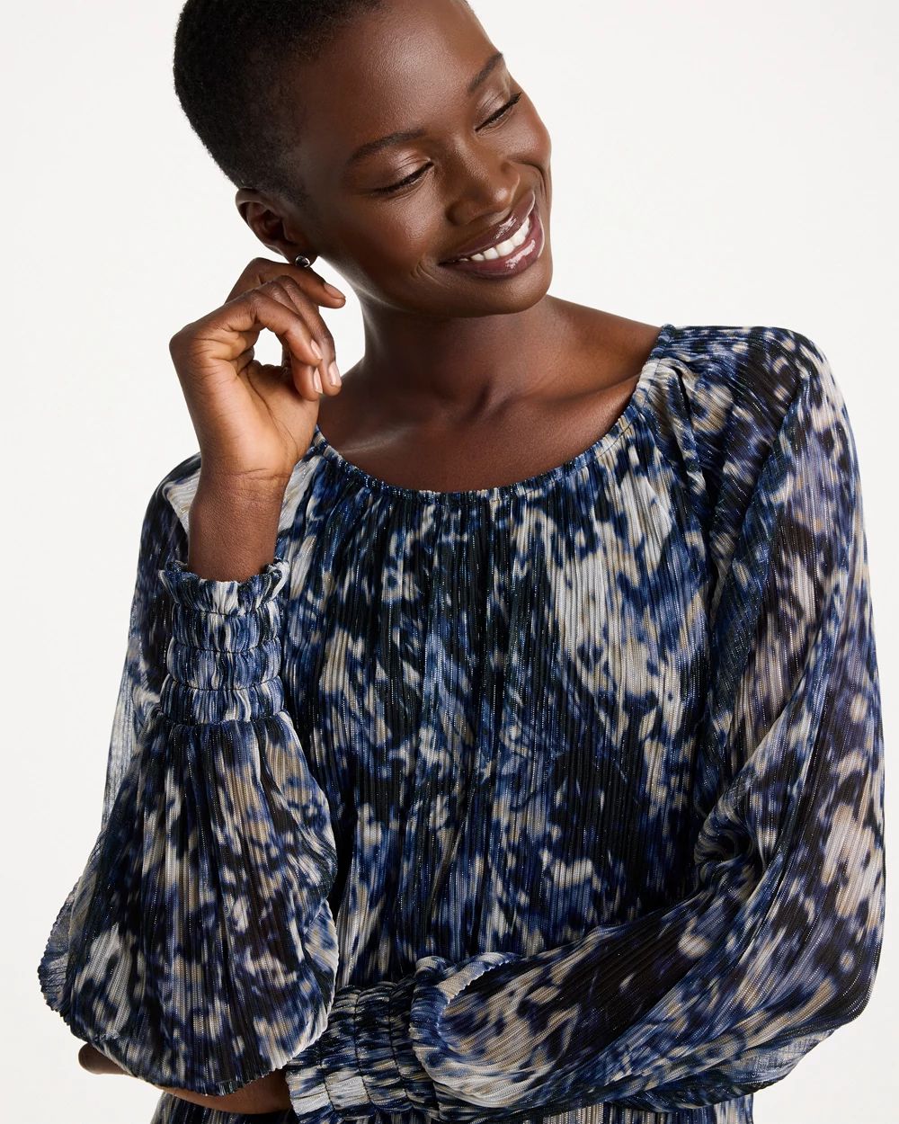 Printed Metallic Bodre Crinkle Mesh Top click to view larger image.