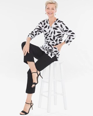 Black and White Leaves V-Neck Top