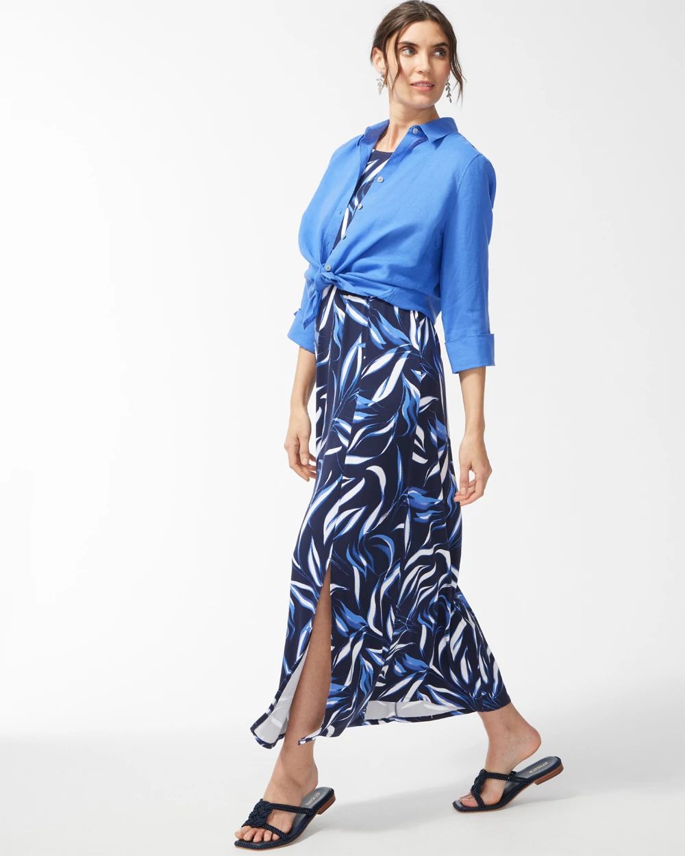 Leaf Print Sleeveless Maxi Dress
