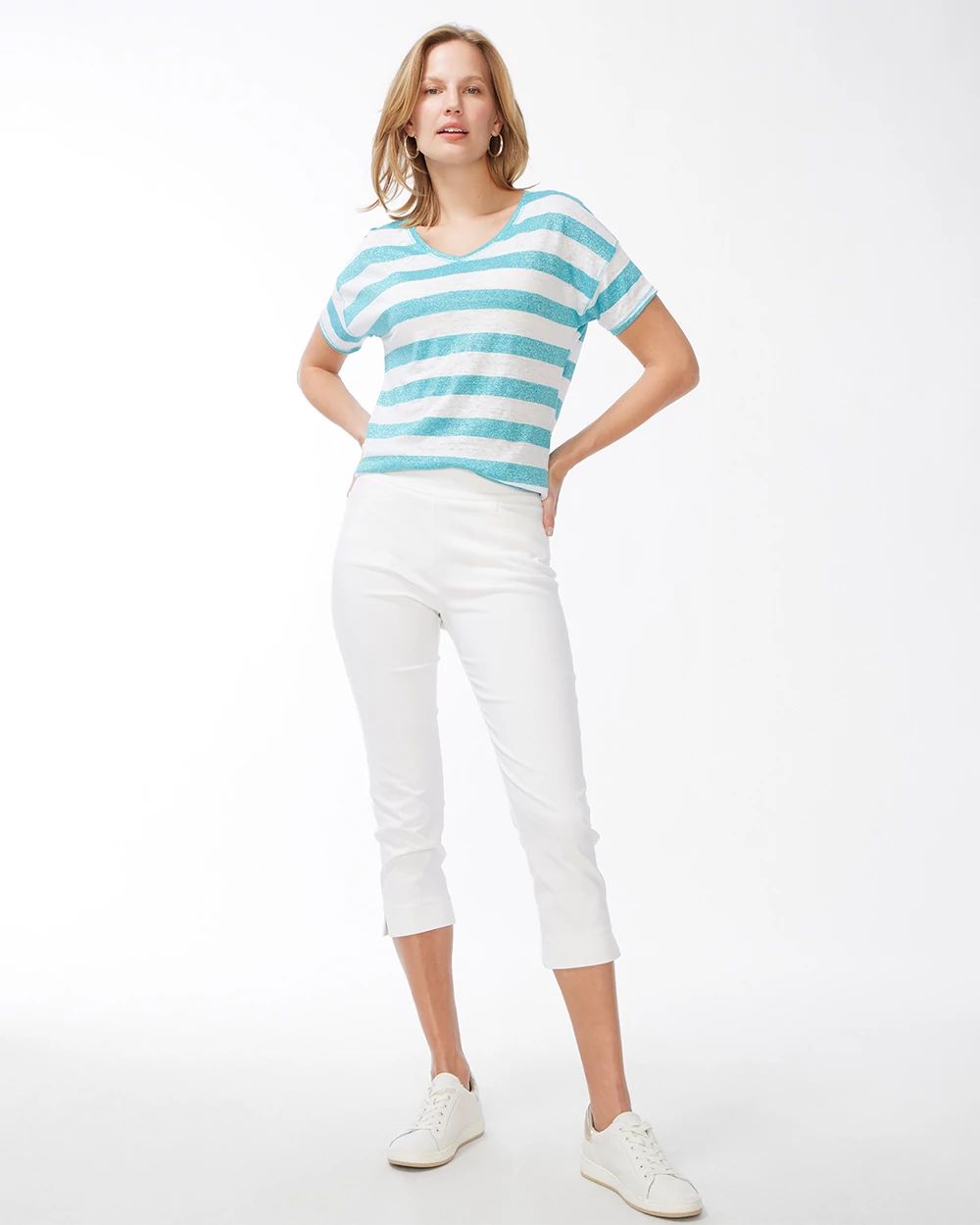 Linen-Blend Aqua Stripe Tee