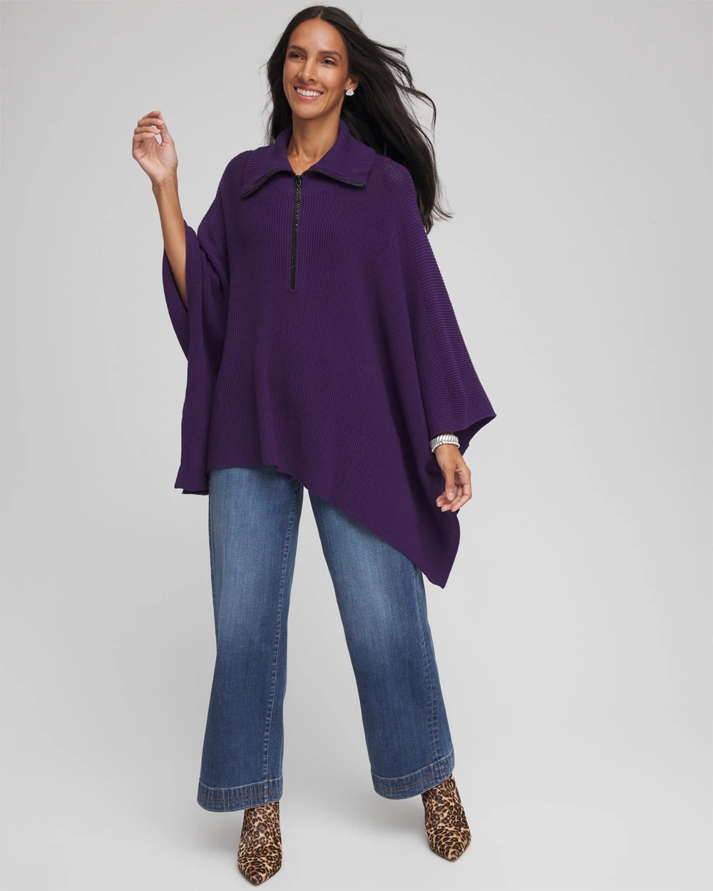 Rhinestone Zip-Collar Sweater Poncho