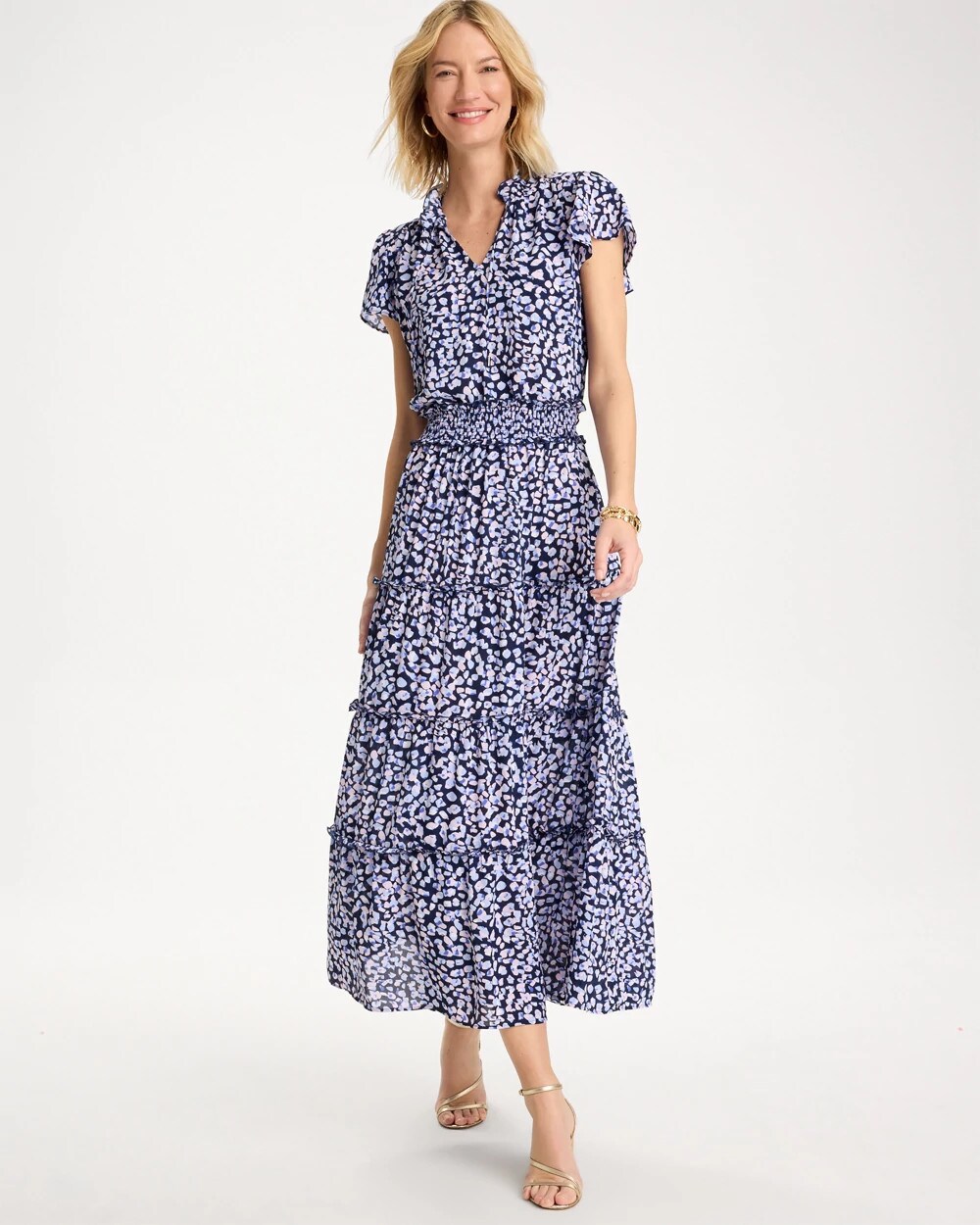 Crepe Smocked Flutter-Sleeve Dress