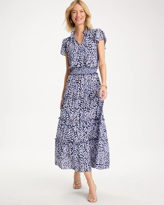 Crepe Smocked Flutter-Sleeve Dress click to view larger image.