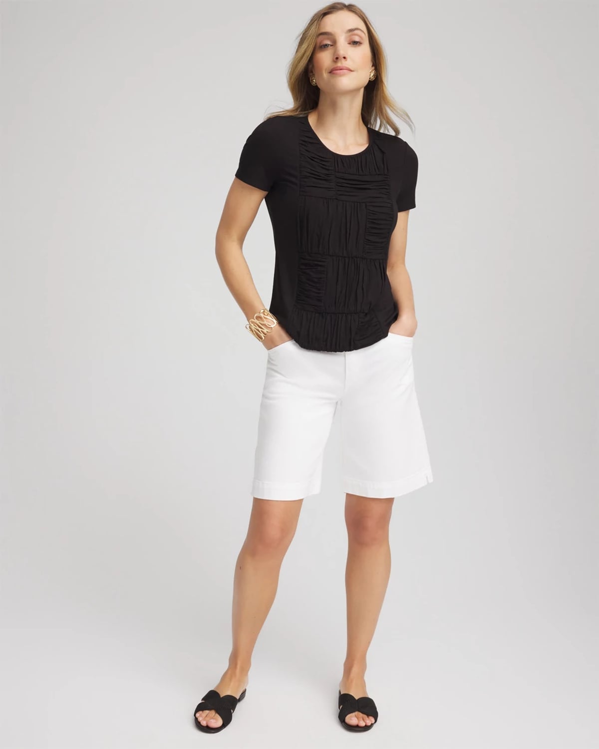Chico's Jersey Knit Ruched Front Tee In Black In Black