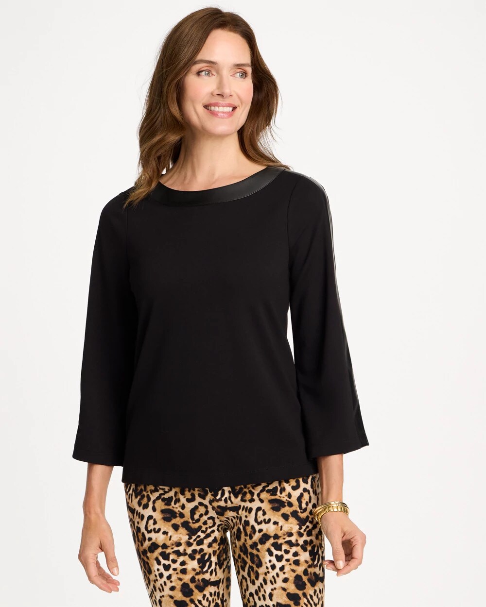 Chico's Ponte Knit Faux Leather-trim Top In Black