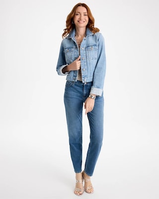 Knit Denim Trucker Frayed Jacket click to view larger image.