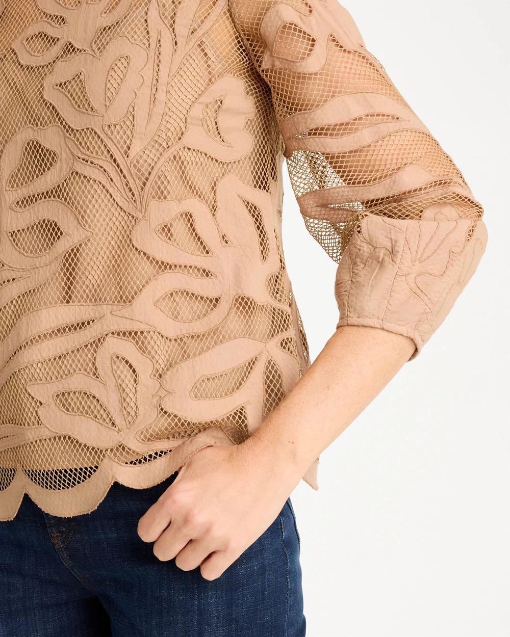 Floral-Motif Mesh 3/4 Sleeve Top click to view larger image.