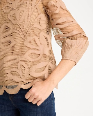 Floral-Motif Mesh 3/4 Sleeve Top click to view larger image.