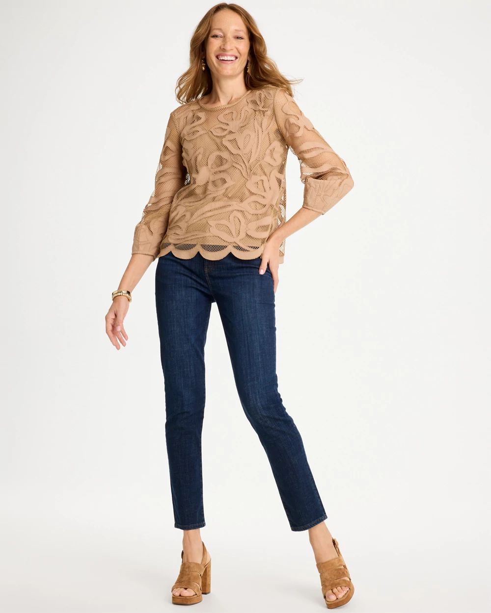 Floral-Motif Mesh 3/4 Sleeve Top click to view larger image.