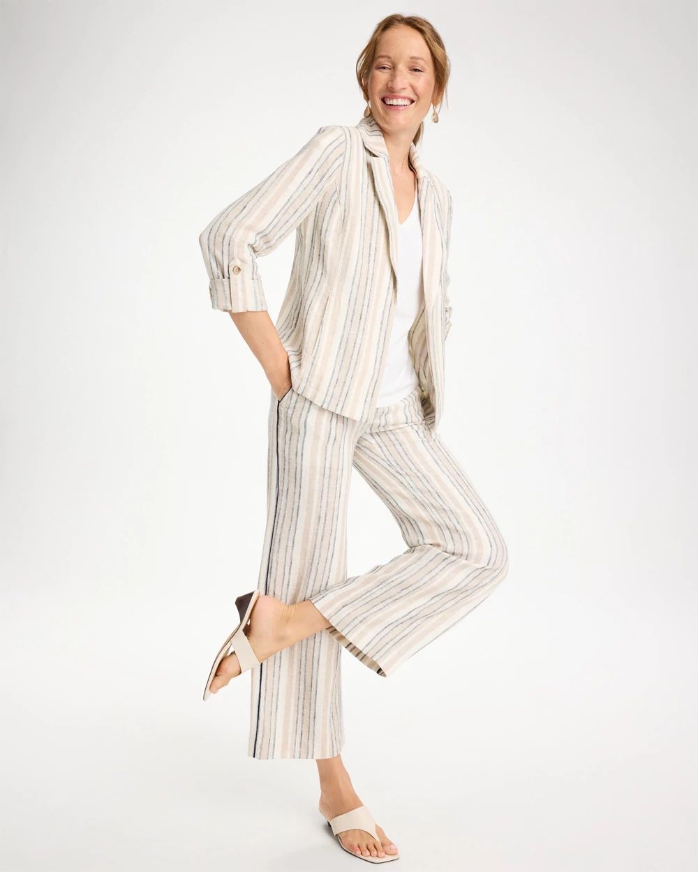 Striped Linen Roll Sleeve Blazer