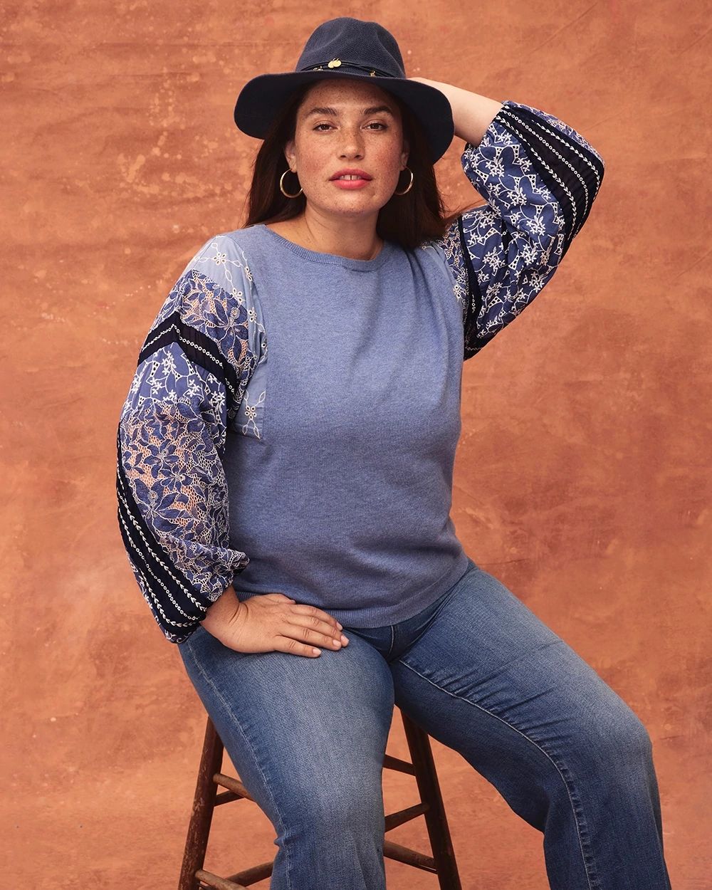 Embroidered Eyelet Sleeve Sweater