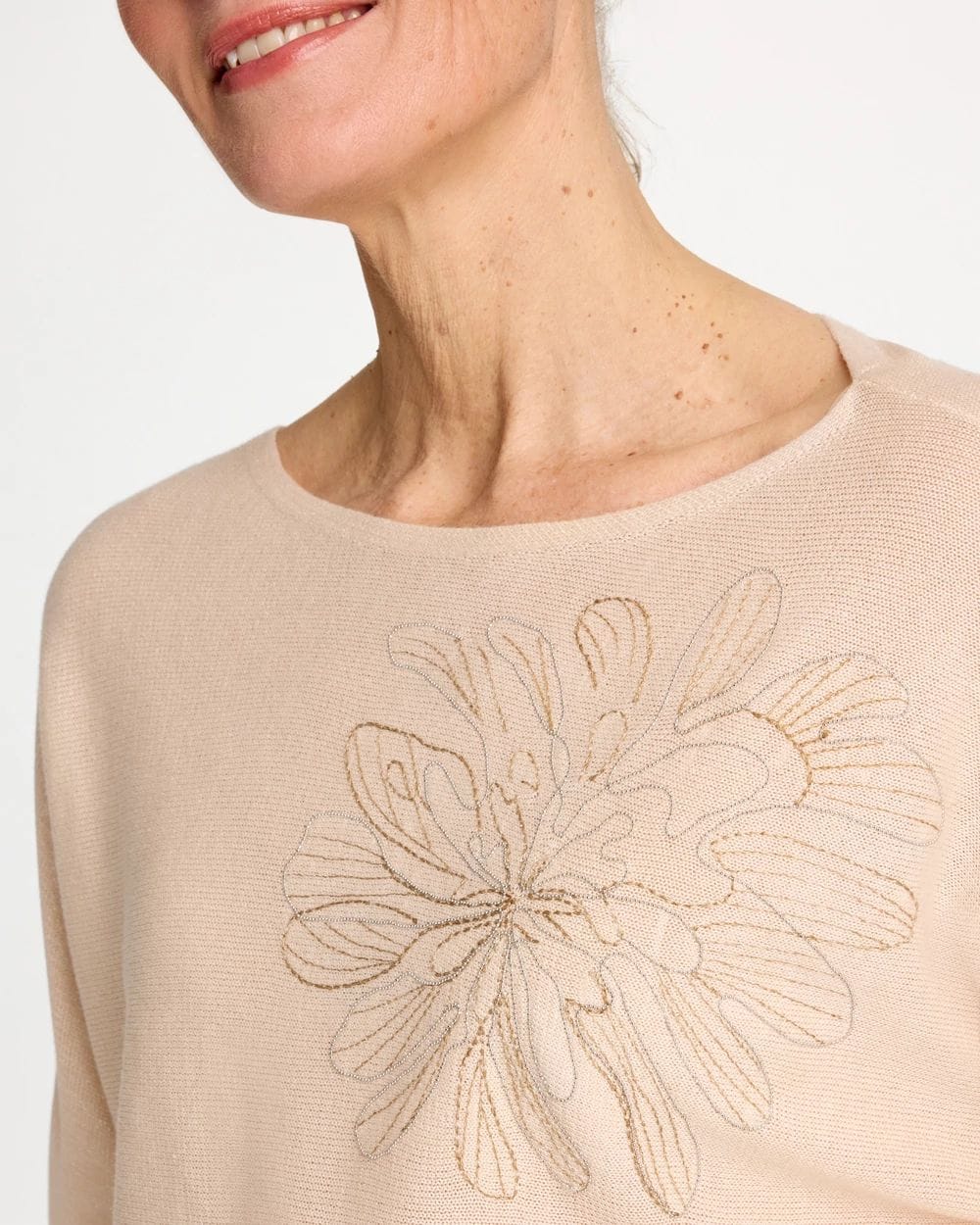 Embroidered 3/4 Sleeve Sweater click to view larger image.