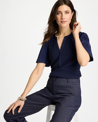 Rib Knit Woven Flutter Sleeve Tee click to view larger image.