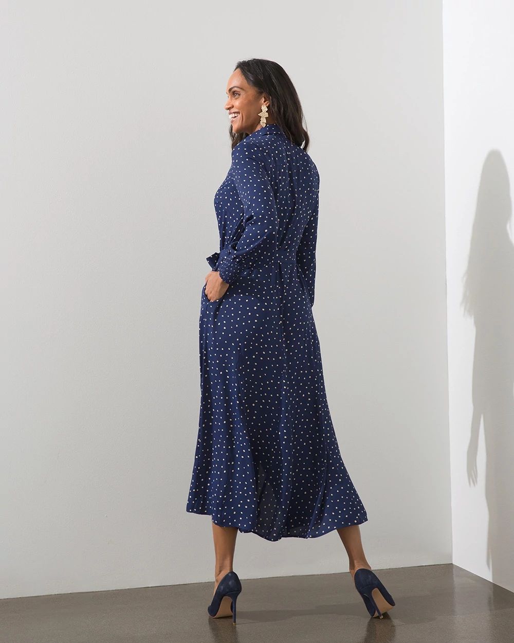 Godet Dot Print Maxi Shirt Dress