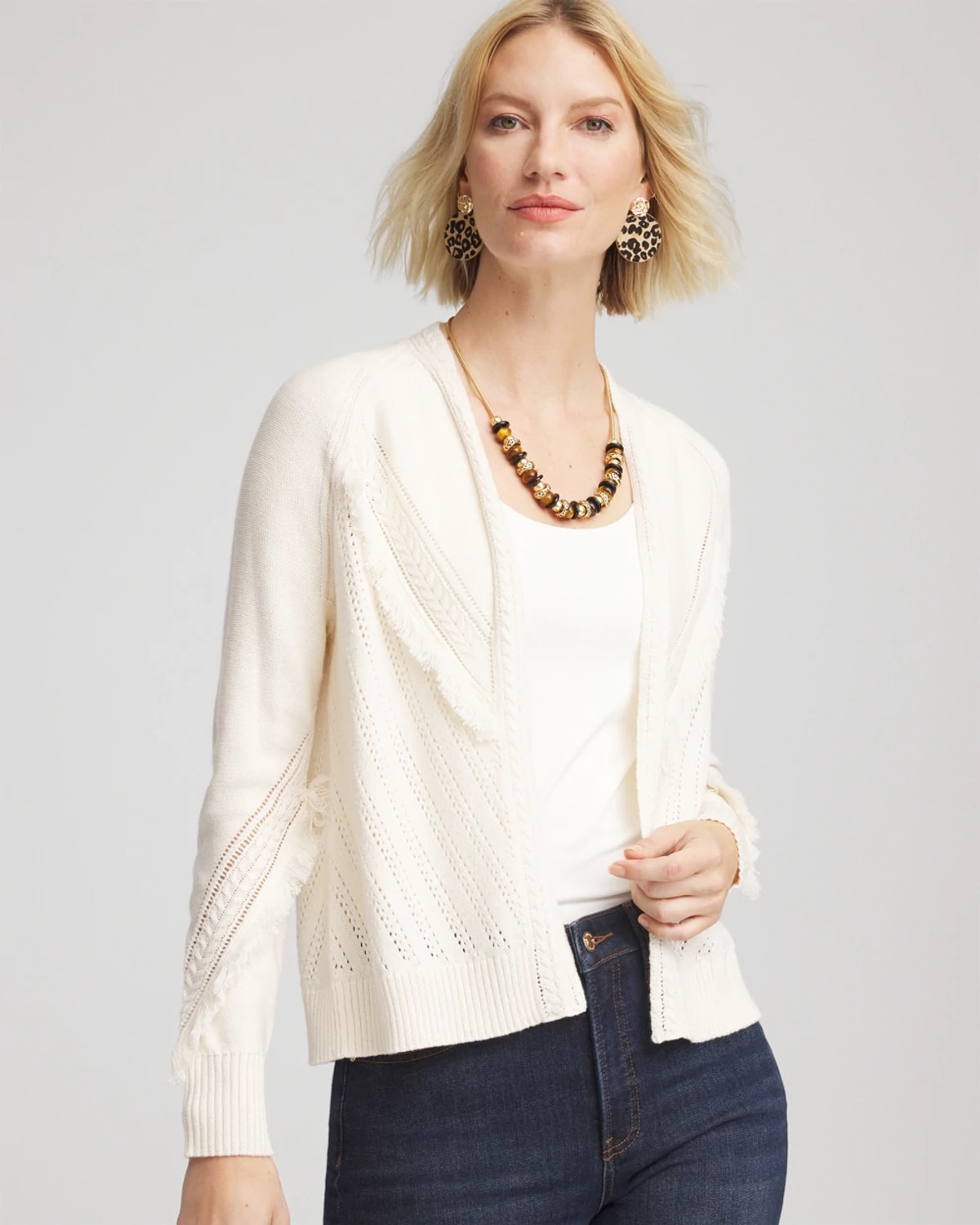 Chico's Cable Knit Fringed Sweater In Cream