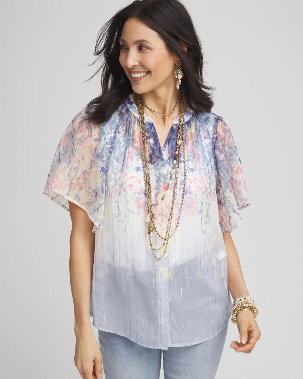 Jacquard Flutter-Sleeve Blouse