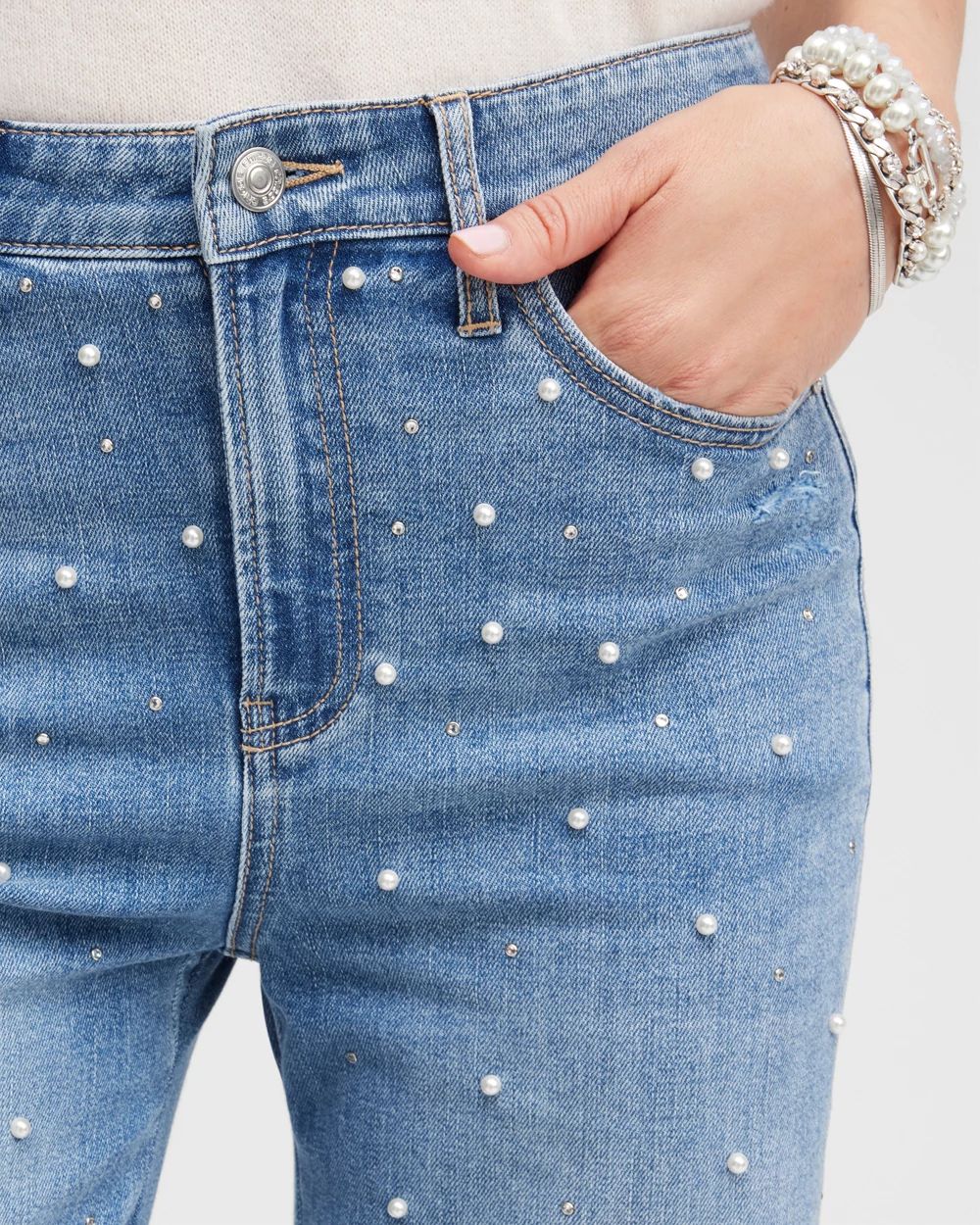 High Rise Faux Pearl Wide Leg Jeans