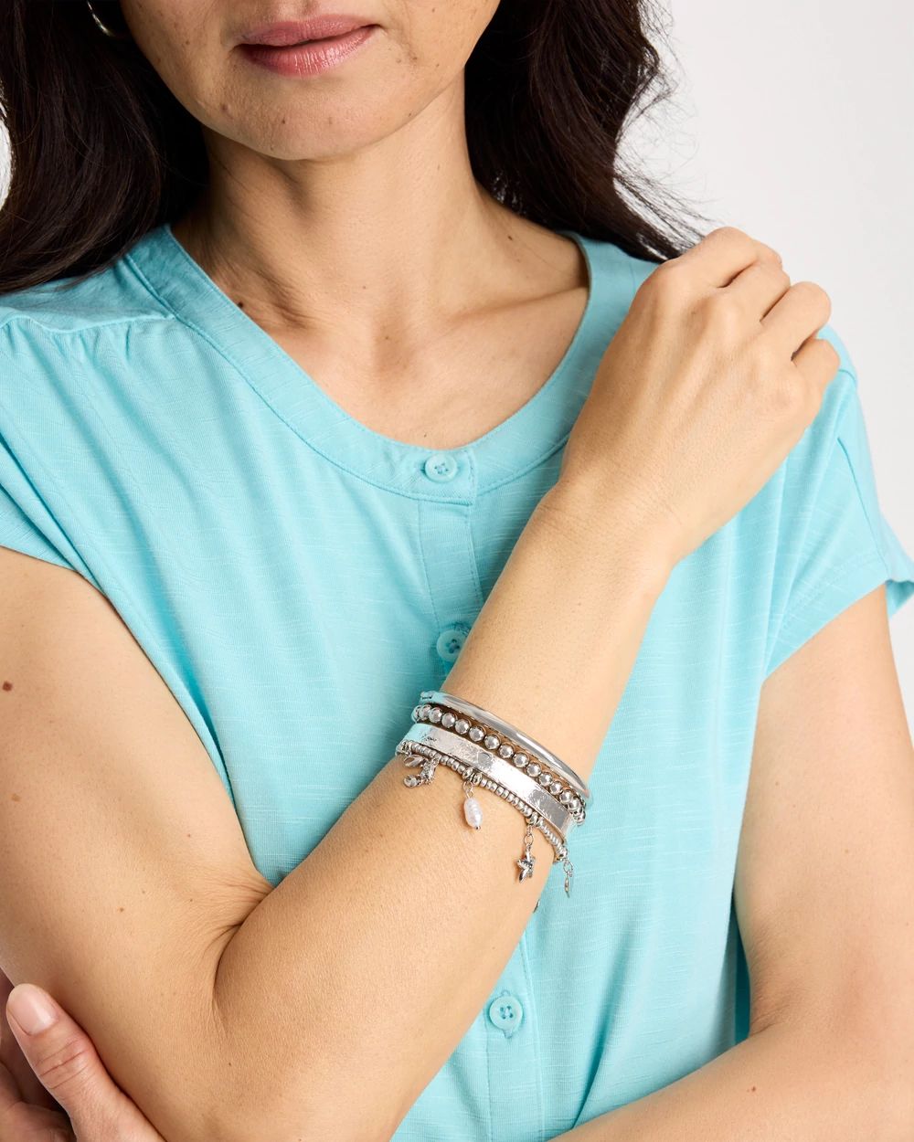 Beachy Silvertone Stretch Charm Bracelet click to view larger image.