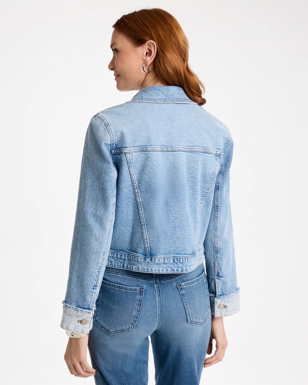 Knit Denim Trucker Frayed Jacket click to view larger image.