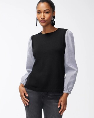 Black Knit Woven Pullover Sweater