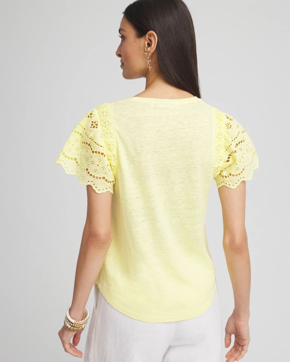 Linen Embroidered Flutter-Sleeved Tee