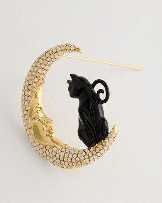 Black Cat Faux Diamond Moon Brooch click to view larger image.