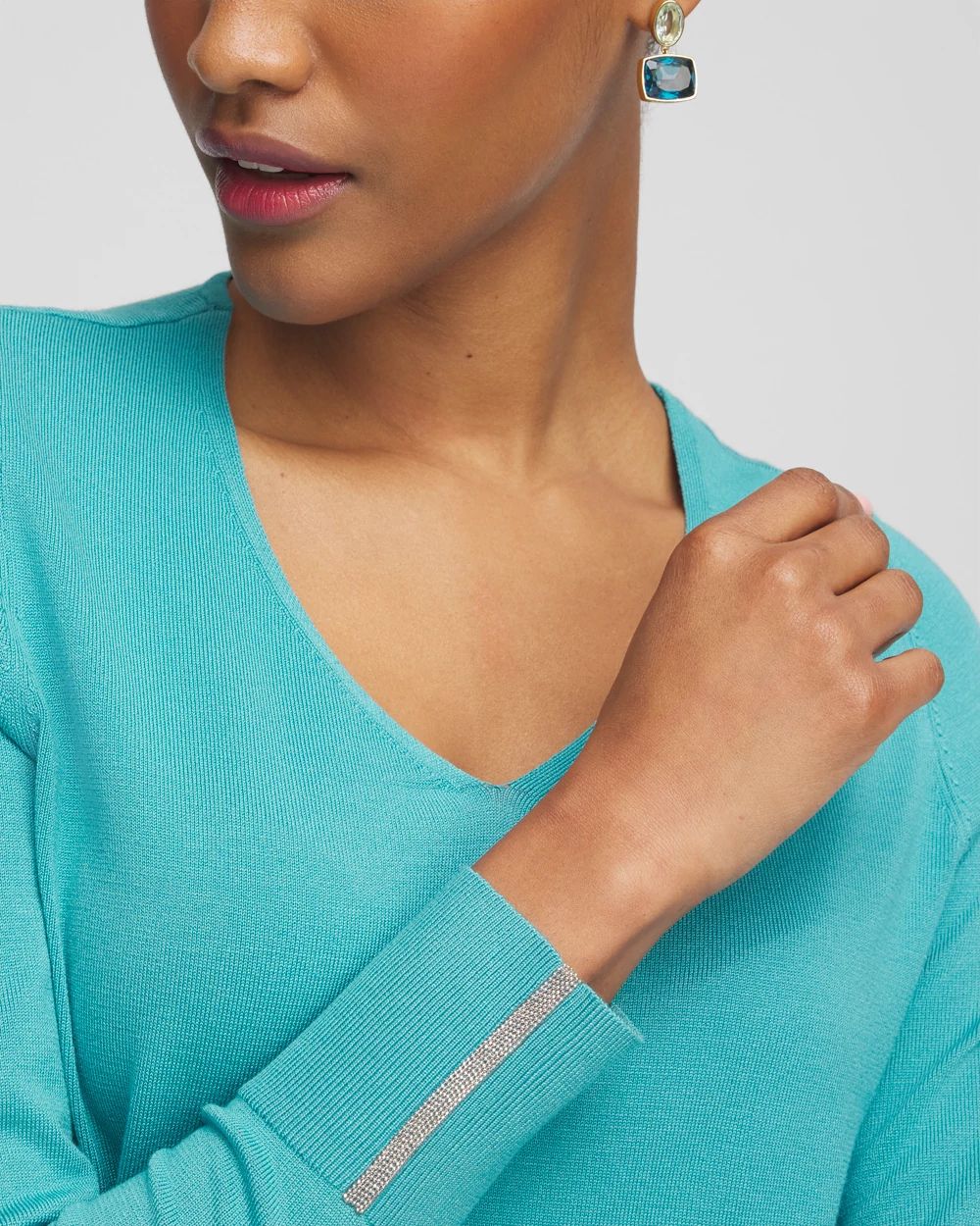 Caviar Trim V-Neck Pullover Sweater