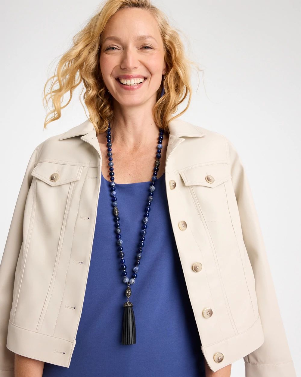 Genuine Stone Beaded Tassel Necklace click to view larger image.