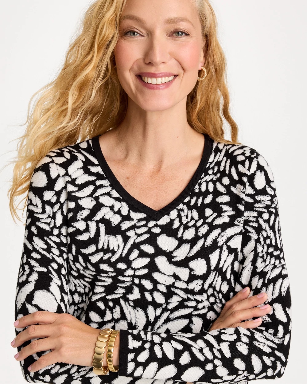 Ella Jacquard Metallic V-Neck Pullover Sweater