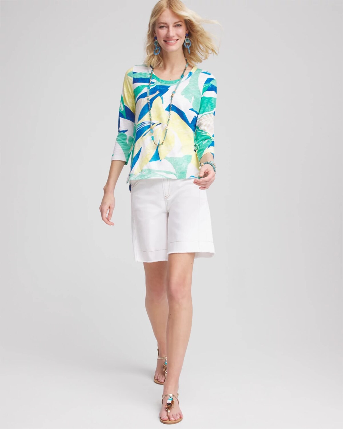 Chico's Ocean Print Scoop-neck Tee In White In White