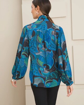Peacock-Print Satin Tie-Neck Blouse