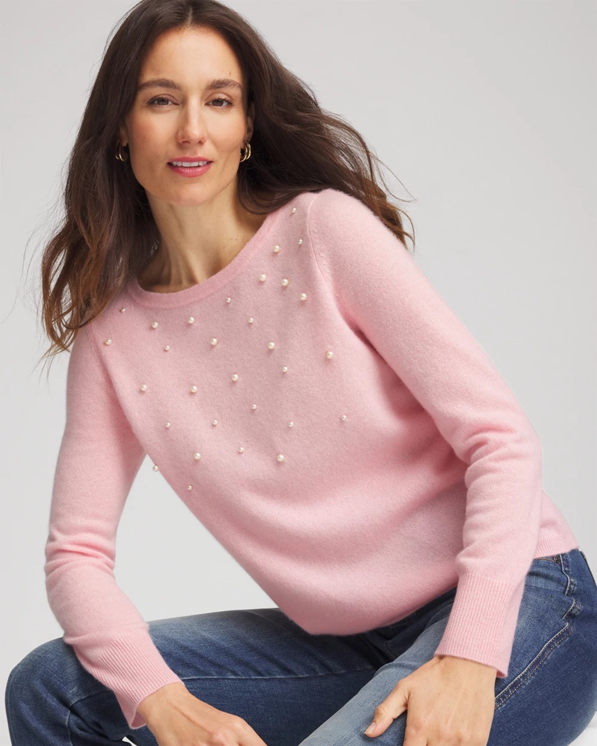 Chico's Embellished Cashmere Pullover Sweater In Blushed In Pink