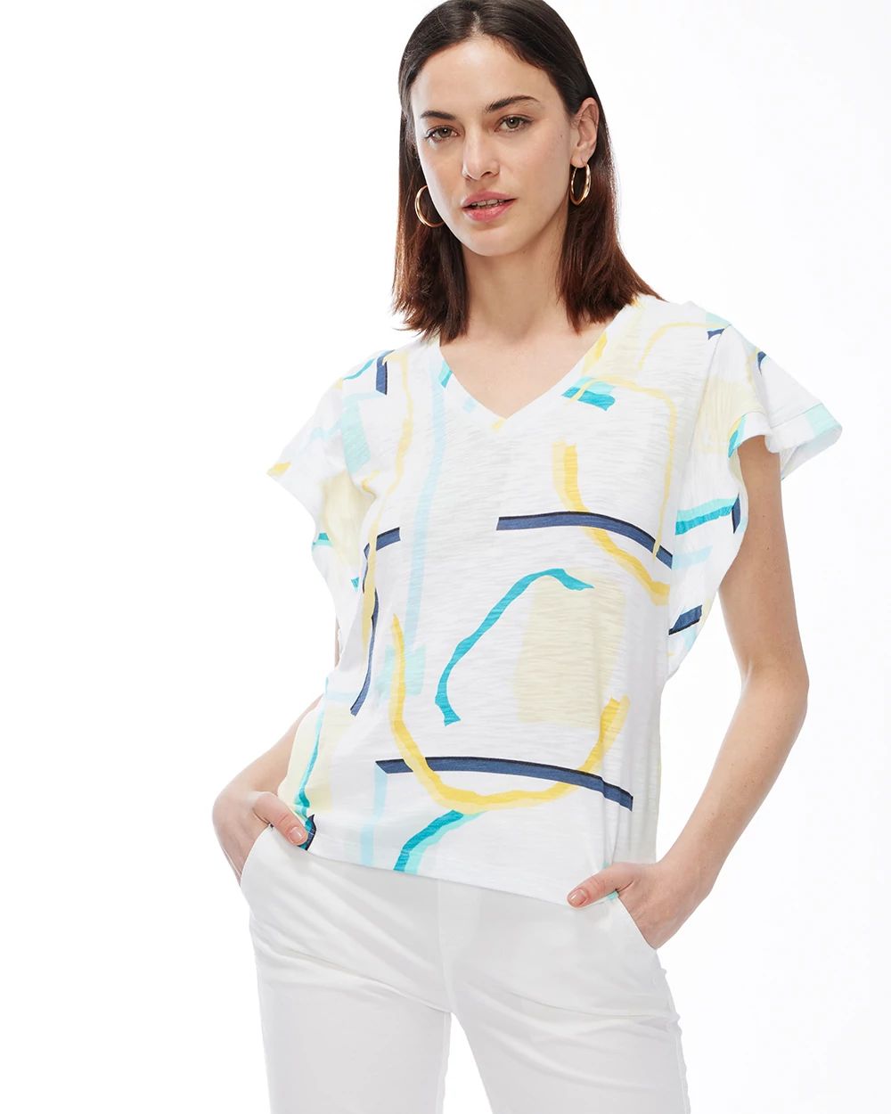 Abstract Ruffle Sleeve Slub Tee