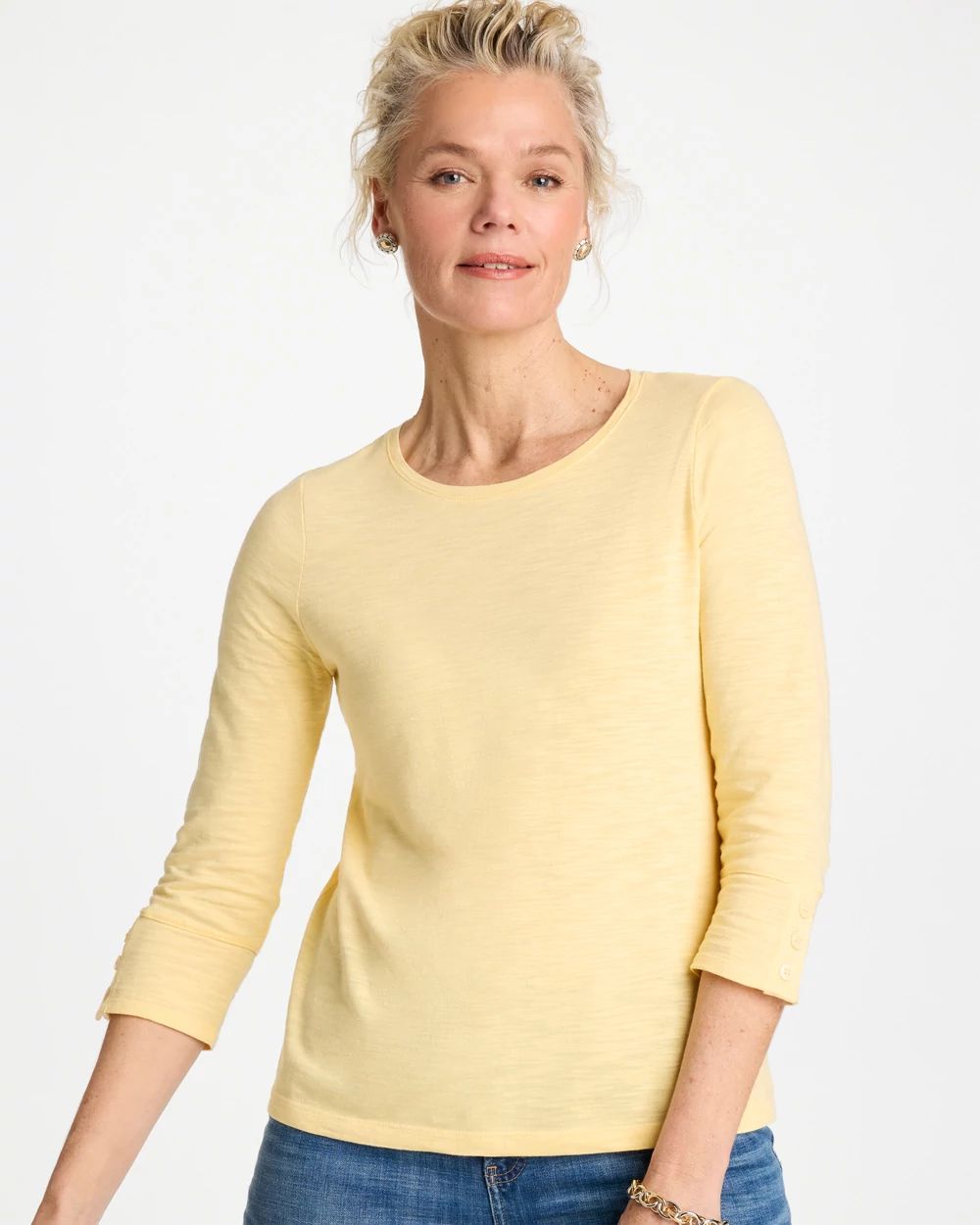 Cotton Slub 3/4 Sleeve Button Tee