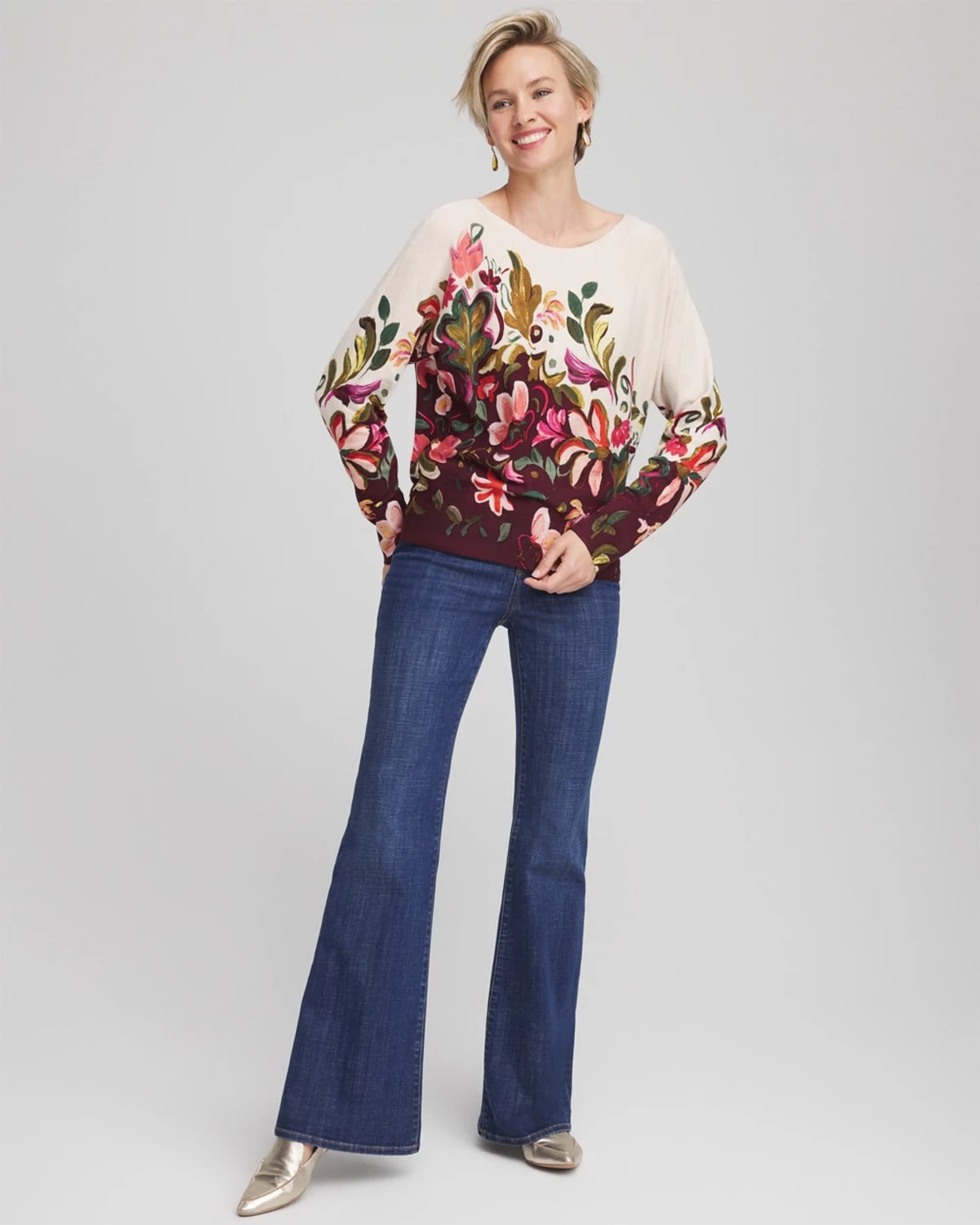 Chico's Ella Dolman Chianti Pullover Sweater In Deep Chianti In Multi