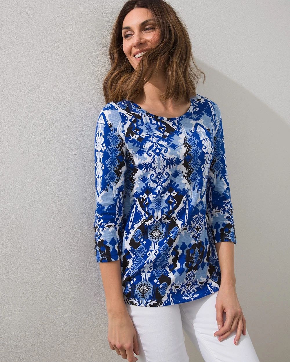 Ikat 3/4 Button Sleeve Slub Tunic