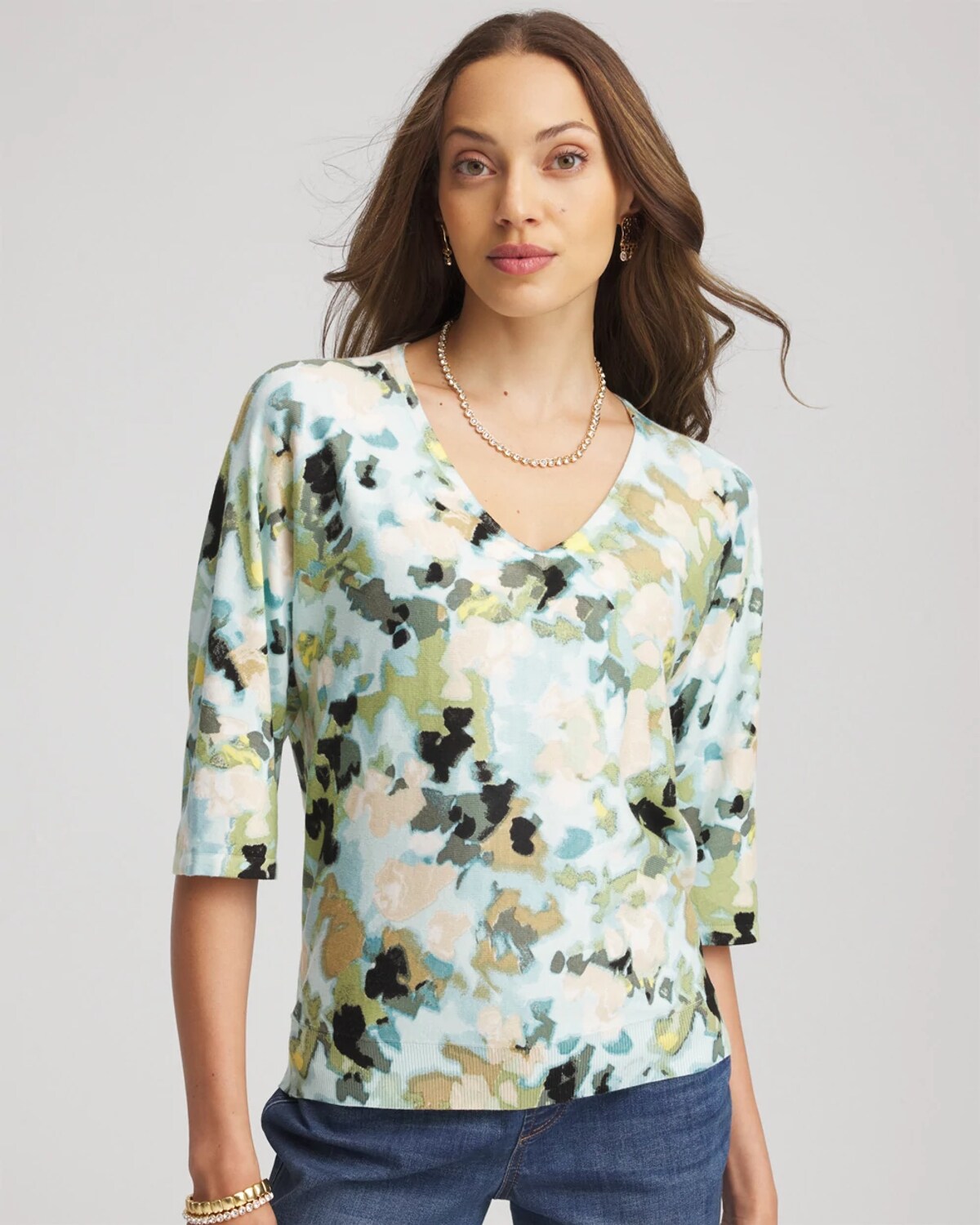 Chico's Printed Dolman V-neck Pullover Sweater In Blue Menthe