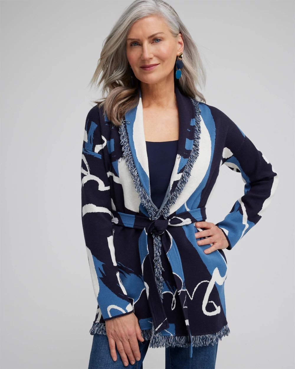 Fringe Abstract Print Cardigan