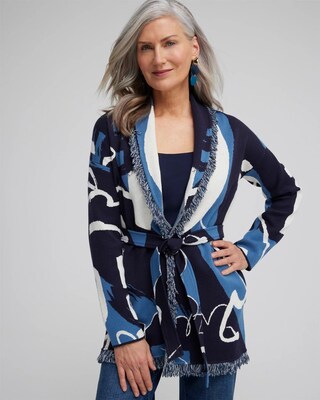 Fringe Abstract Print Cardigan