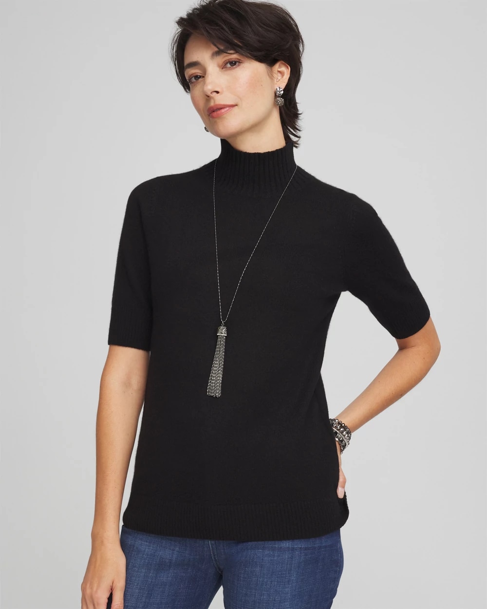 Cashmere Elbow Sleeve Mock Neck Sweater, photo 1 of 4