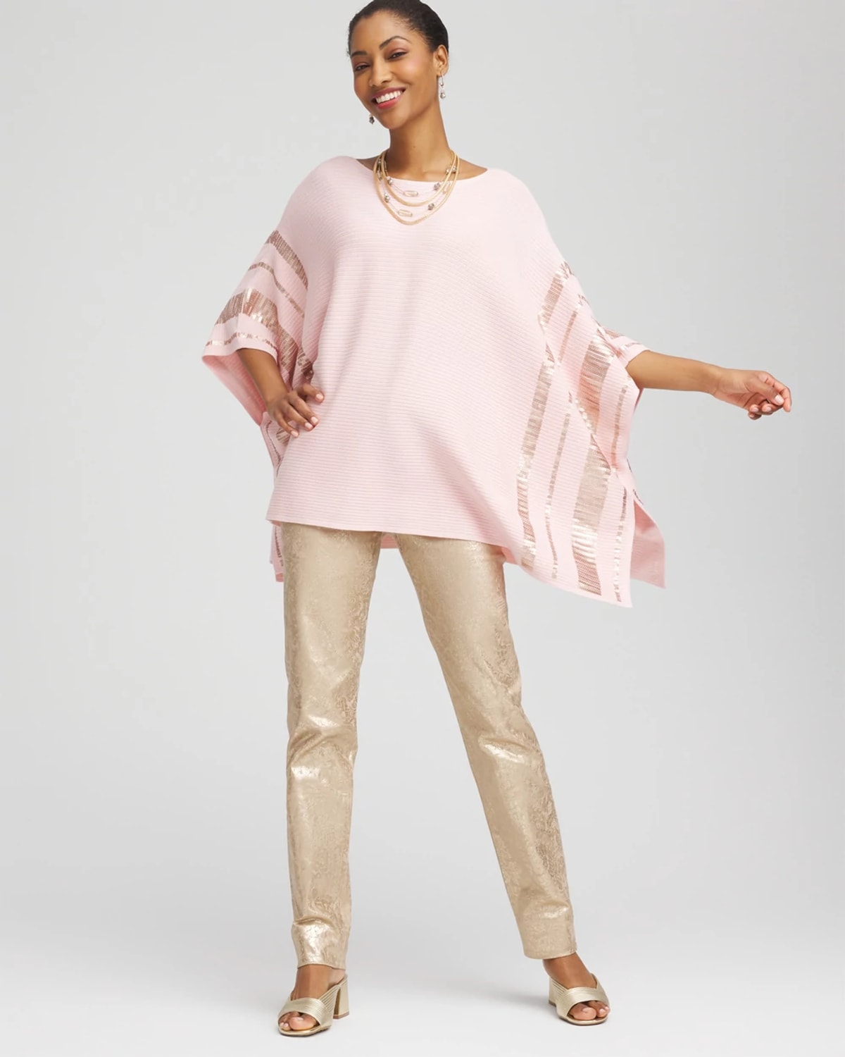 Chico's Sequin Striped Sweater Poncho In Blushed
