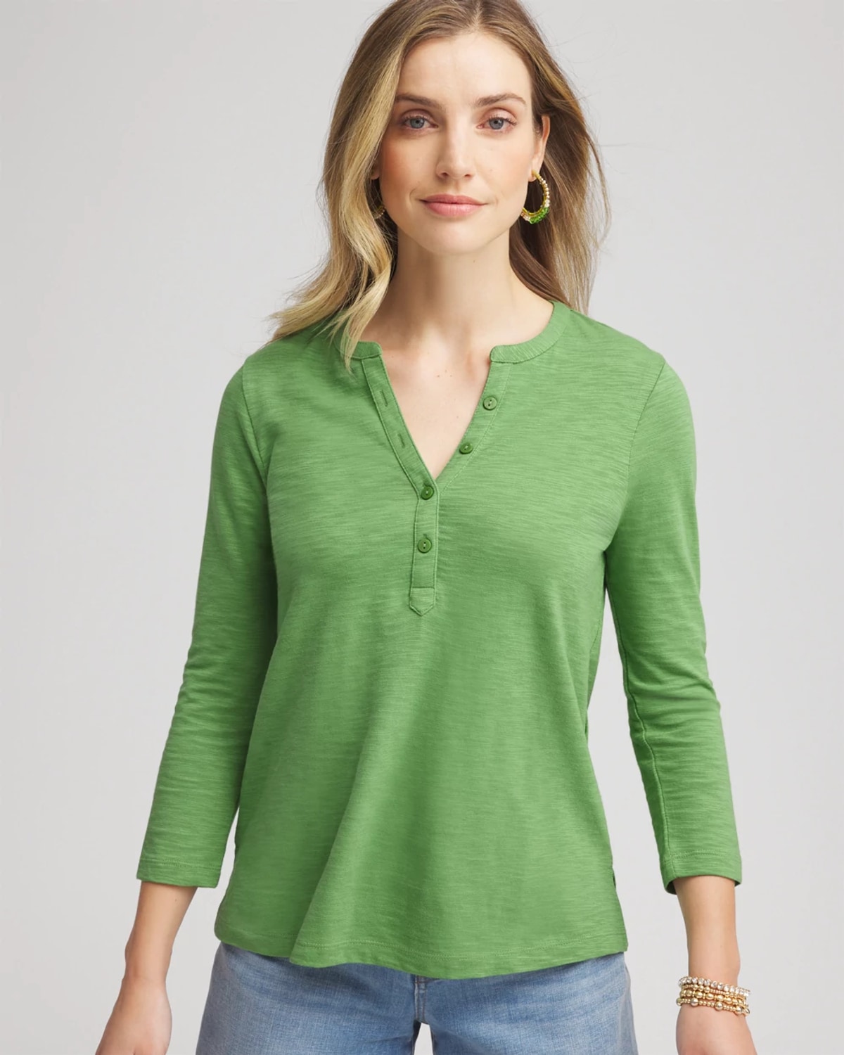 Chico's Cotton Henley Shirt In Salted Lime In Green