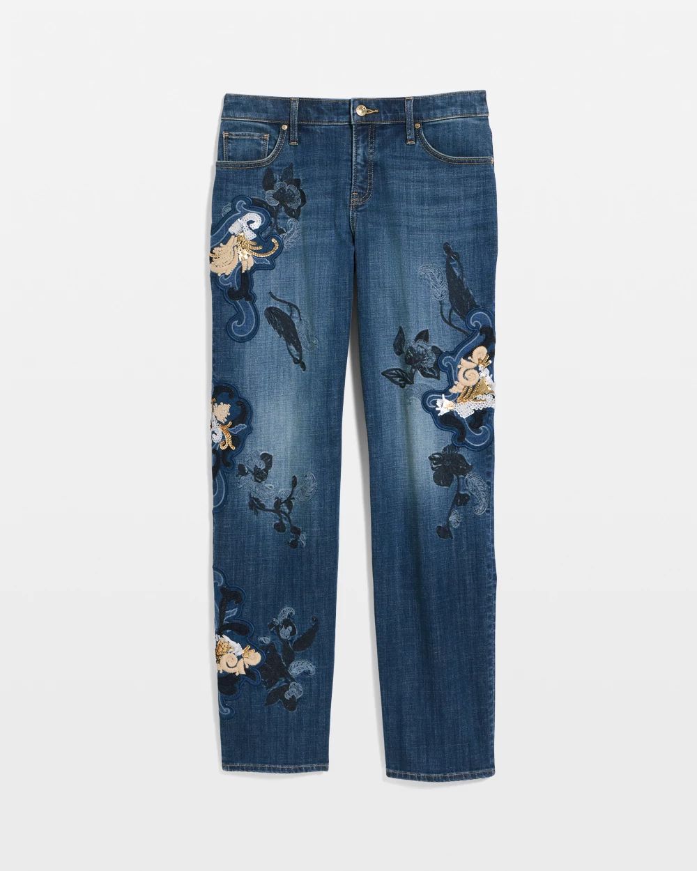 Embellished Girlfriend Straight Ankle Jeans click to view larger image.