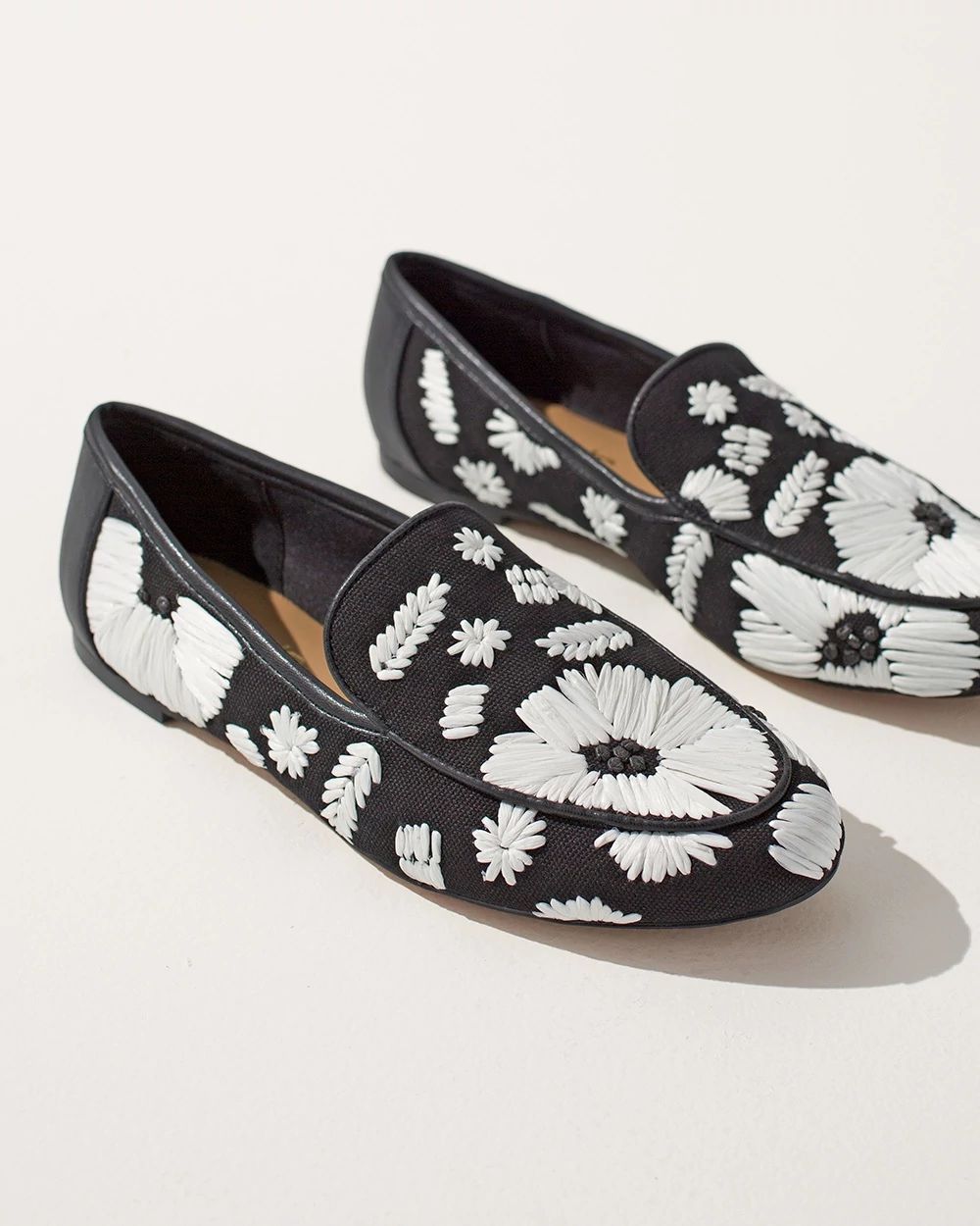 Black Floral Raffia Loafers