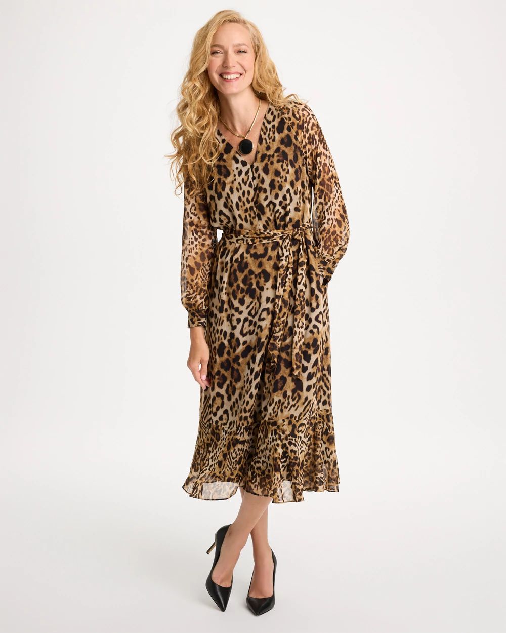 Chiffon Tie-Neck Animal Print Dress