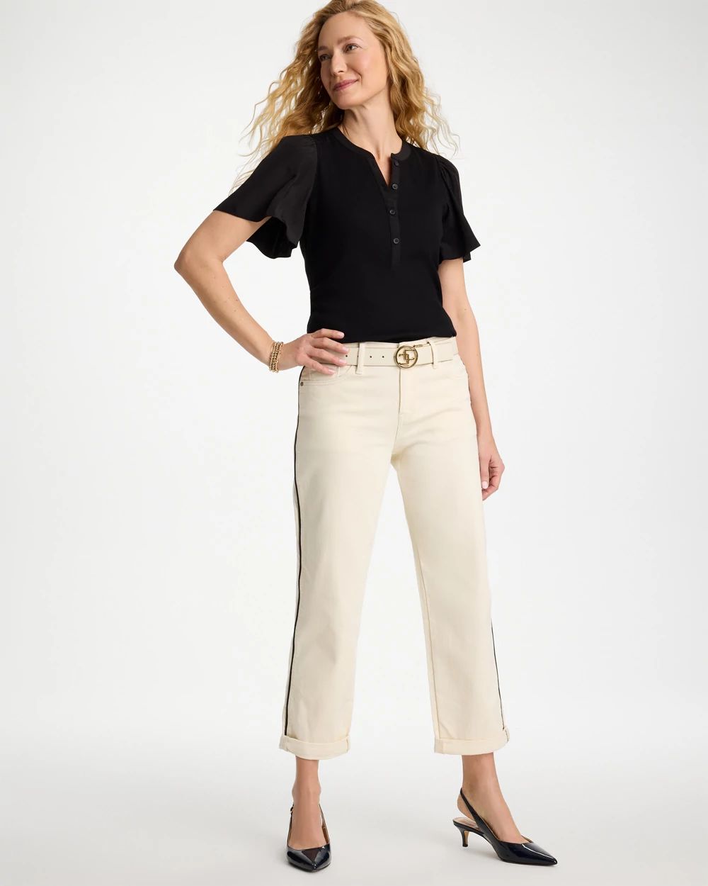 Rib Knit Woven Flutter Sleeve Tee click to view larger image.