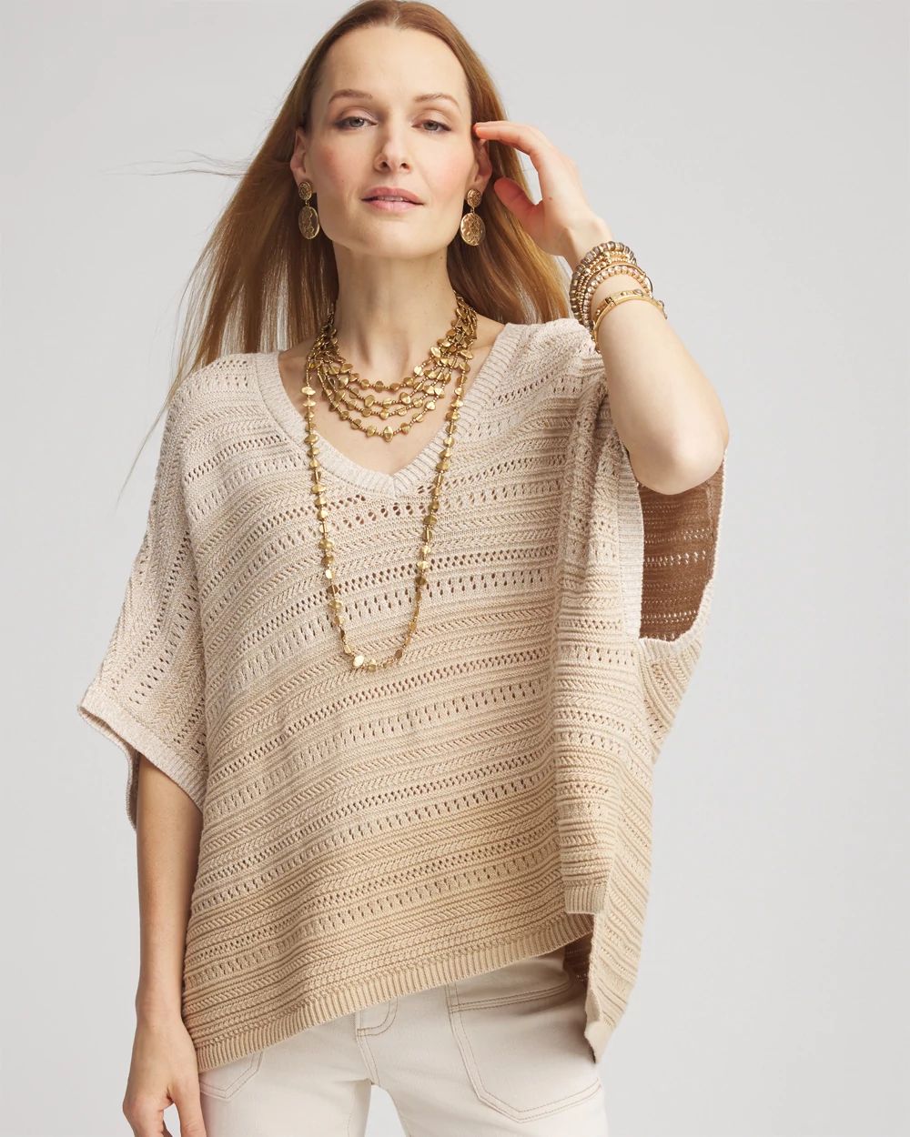 Ombre V-Neck  Knit Poncho click to view larger image.