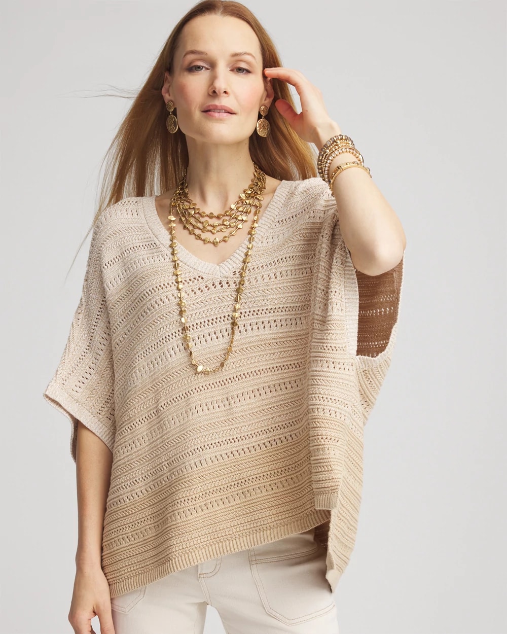 Ombre V-Neck Knit Poncho, photo 1 of 5