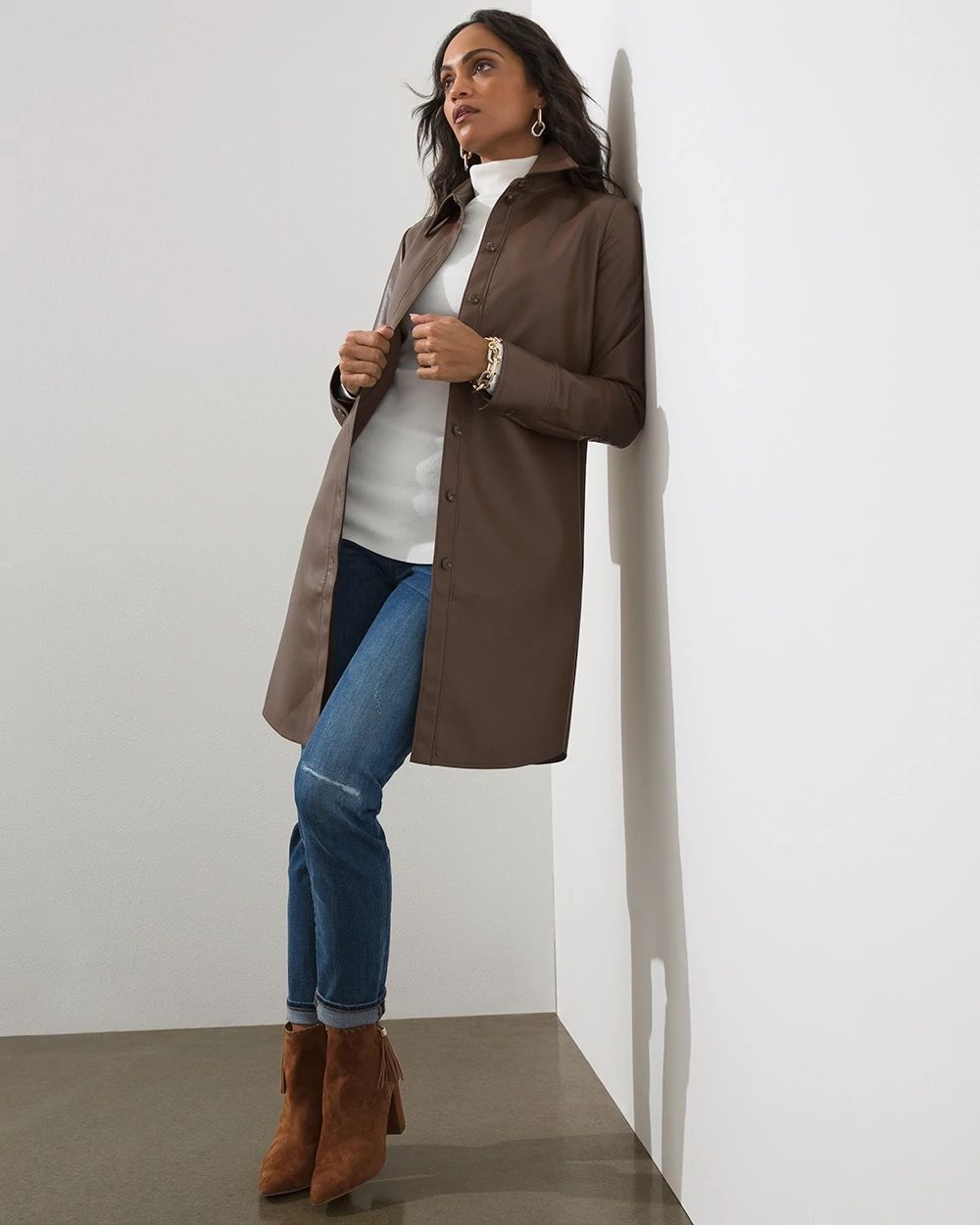 Elongated Faux Leather Shacket
